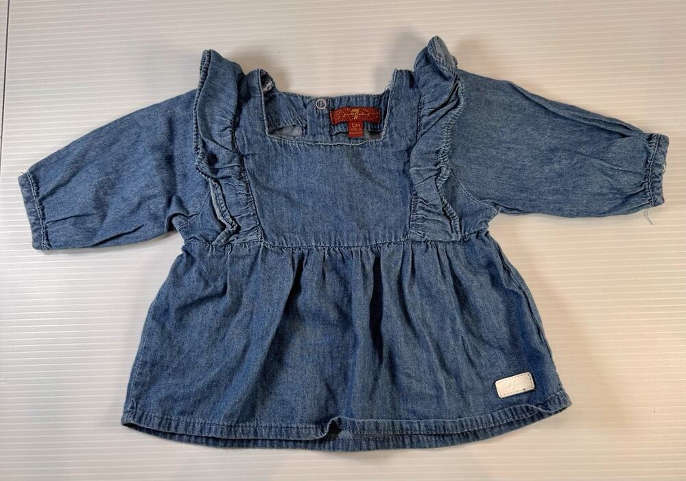 7 For All Mankind Baby Girls 12M Chambray Ruffle Peplum Blouse Long Sleeve Top